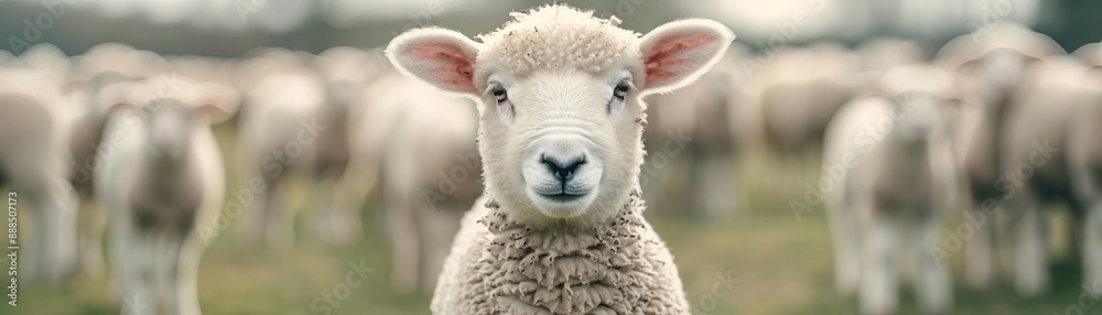 Obraz premium Close-up of a single sheep standing in focus with a blurred background of a flock of sheep in a green pasture.