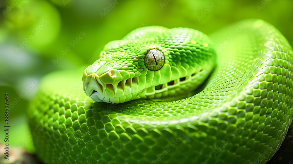 Captivating close up of a vibrant green python coiled amidst the verdant leaves and foliage of a lush tropical forest The serpent s striking scales and hypnotic eyes command attention Captivating close up of a vibrant green python coiled amidst the verdant leaves and foliage of a lush tropical forest The serpent s striking scales and hypnotic eyes command attention