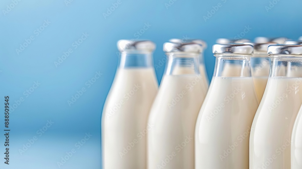 Row of glass milk bottles with metal caps on blue background. Fresh dairy product, minimalistic composition. Healthy organic drink concept.