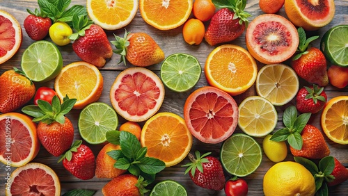 A beautifully arranged assortment of citrus fruits and strawberries, fruits, lemons, oranges, limes, grapefruits