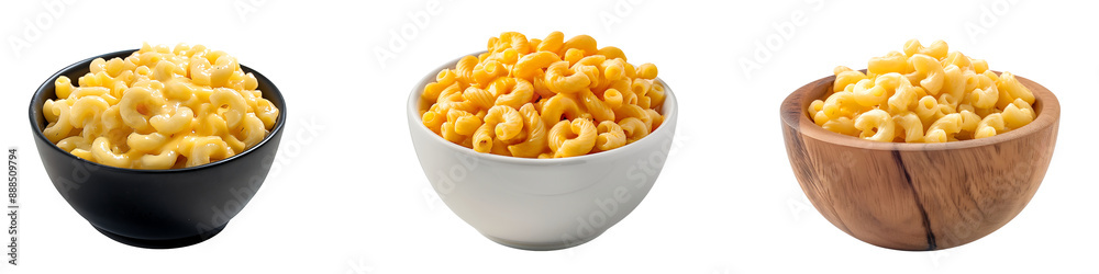 set of black white and wooden bowl are each filled with a heaping serving of macaroni and cheese isolated on transparent background set of black white and wooden bowl are each filled with a heaping serving of macaroni and cheese isolated on transparent background