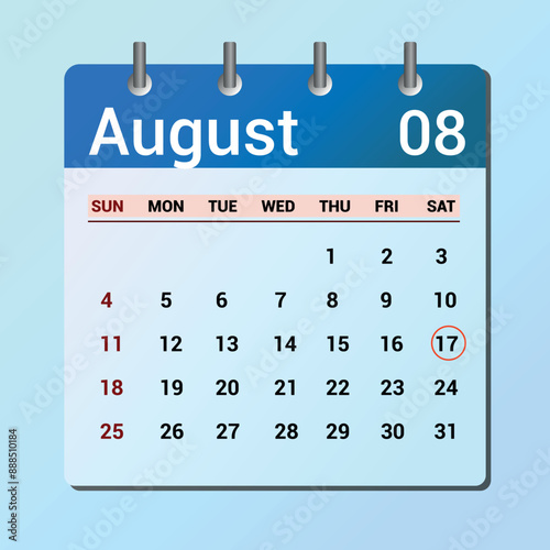 vector page of August month calendar and highlighted date August 17