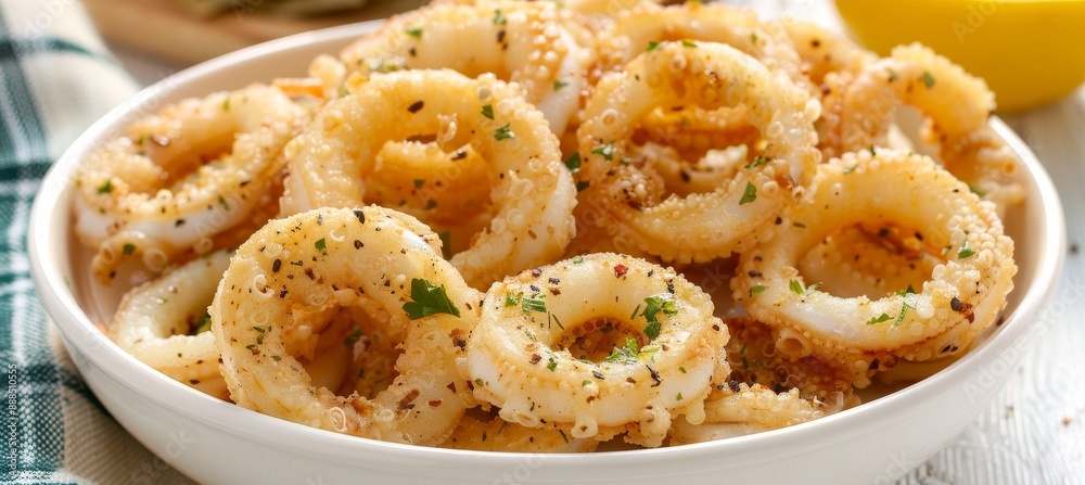 Close-up of crispy fried calamari rings seasoned with herbs and pepper in a white bowl. Close-up of crispy fried calamari rings seasoned with herbs and pepper in a white bowl.