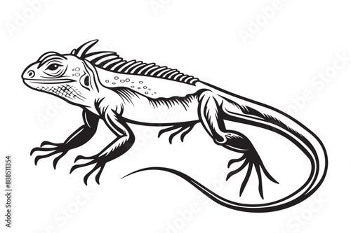 Vintage illustration of monitor lizard on isolated white background. Vector sketch animal from Australian. Retro design character wildlife in engraving style.