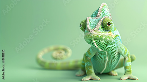 Cute chameleon of the color green isolated pastel background Copy space. Creative animal composition