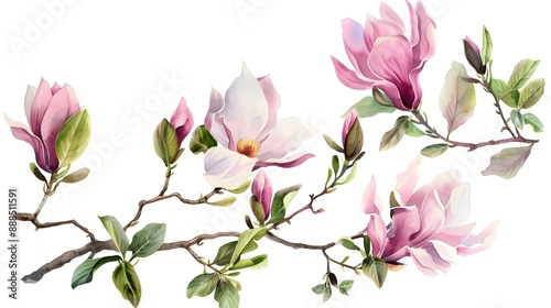 Fototapeta Naklejka Na Ścianę i Meble -  Watercolor painting of spring blooming magnolia tree branches