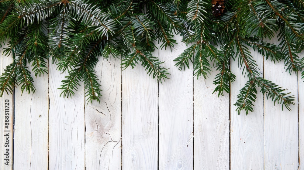 Festive Christmas background with green pine needles on white boards Festive Christmas background with green pine needles on white boards