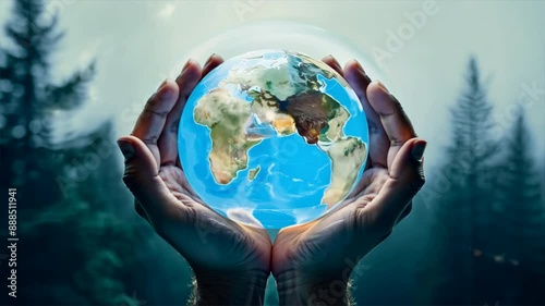 Sustain earth concept: Human hands holding global over blurred blue nature background