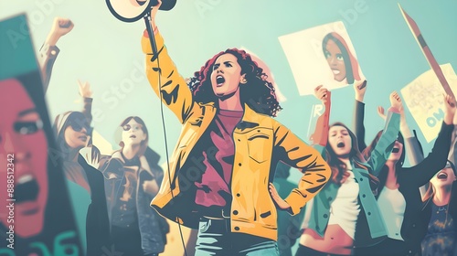 Female activist leading protest with megaphone