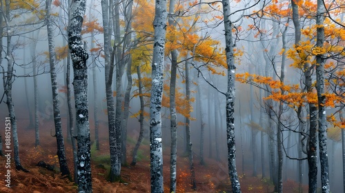 Autumn forest with fog