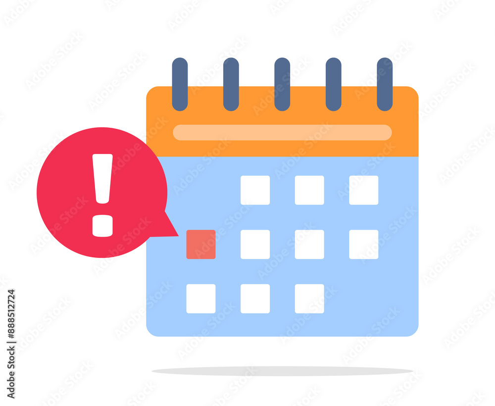 Calendar with a marked date. A red bubble with an exclamation point appears next to the date. Flat design illustration. Calendar with a marked date. A red bubble with an exclamation point appears next to the date. Flat design illustration.