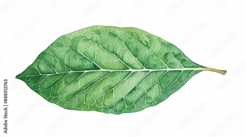 A laurel leaf depicted with elegant watercolor patterns isolate on white background A laurel leaf depicted with elegant watercolor patterns isolate on white background