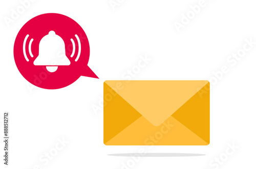 Flat design illustration. Orange email envelope. Next to the envelope there is a white speech bubble with a red bell icon. 