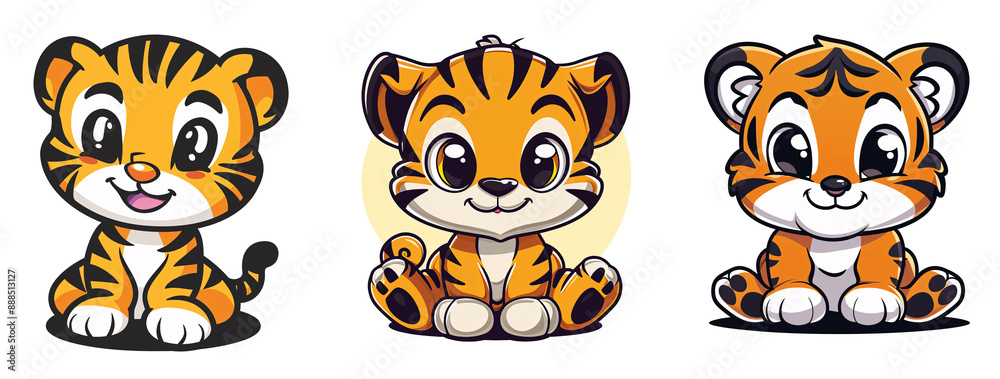 Cute Cartoon Tigers Sitting Isolated on a White or Transparent Background Cute Cartoon Tigers Sitting Isolated on a White or Transparent Background