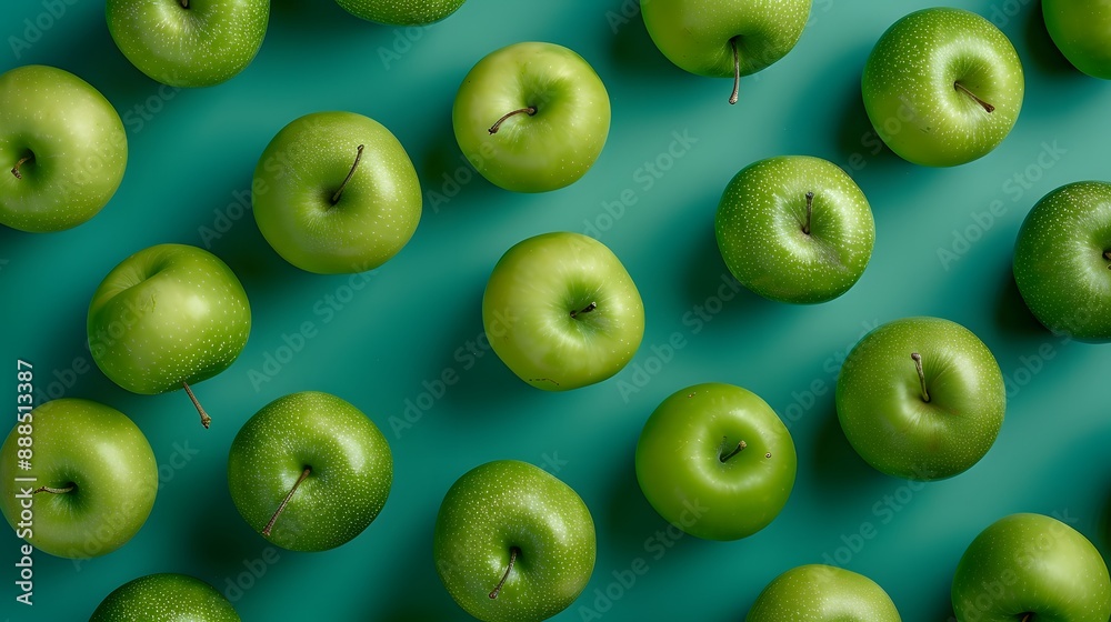 Creative outline made of green apples lying flat, food concept Creative outline made of green apples lying flat, food concept