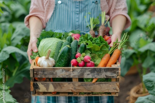 Farmer woman holding wooden box full of fresh raw vegetables. Basket with vegetable