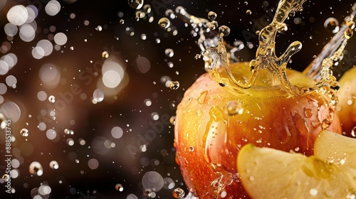 Cider splashing, with golden liquid and bubbles flying apart, creating a refreshing and crisp burst