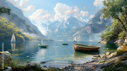 A tranquil bay with boats anchored and mountains in the background