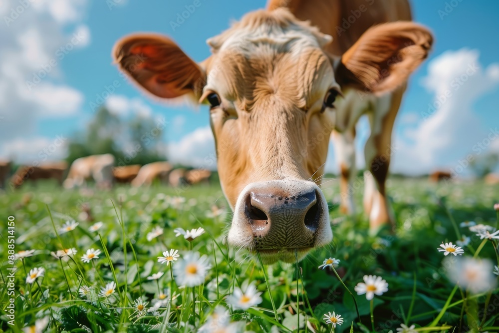 Curious Jersey Cow Enjoys Summer Day, Closeup In Field Of Daisies, Idyllic Farmland Scene Curious Jersey Cow Enjoys Summer Day, Closeup In Field Of Daisies, Idyllic Farmland Scene