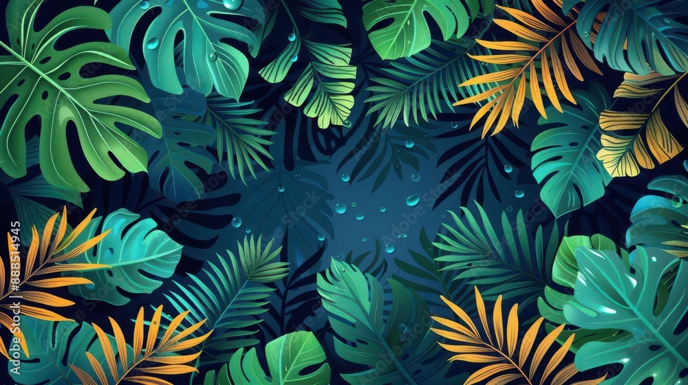 tropical leaves flat design droplets top view exotic plants theme cartoon drawing Triadic Color Scheme tropical leaves flat design droplets top view exotic plants theme cartoon drawing Triadic Color Scheme