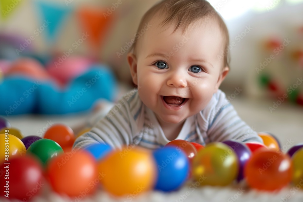 Baby smiling joyfully, surrounded by colorful balls Baby smiling joyfully, surrounded by colorful balls