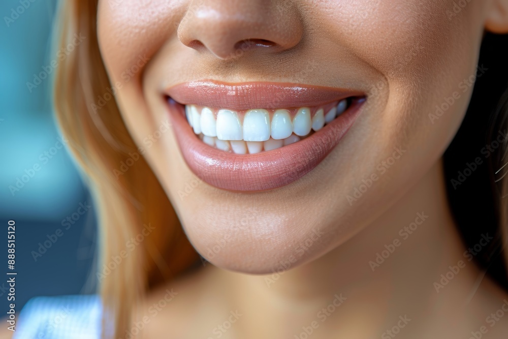 Φωτογραφία Close-up of a young caucasian woman with perfect white teeth smiling, Beauty and dental care