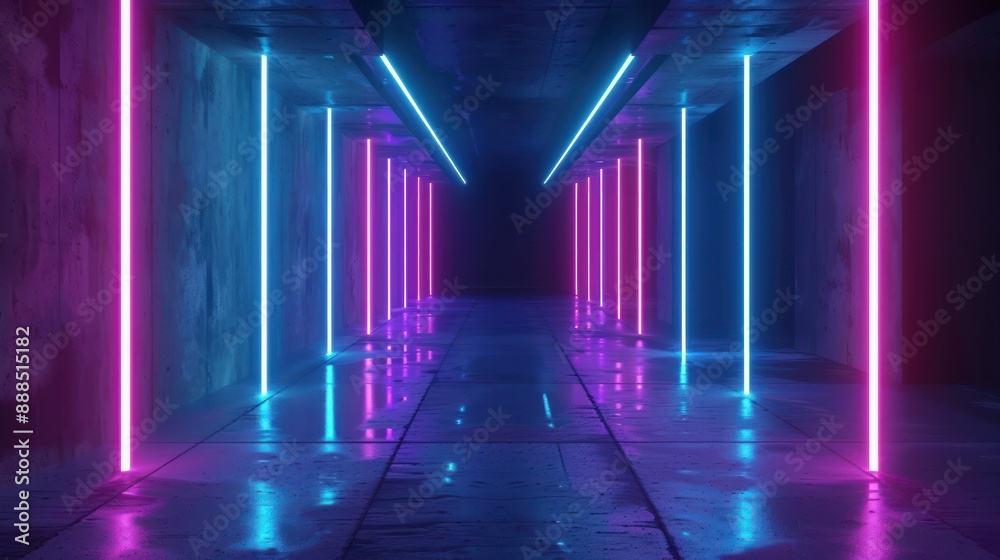 Neon Lights Illuminate a Concrete Corridor Neon Lights Illuminate a Concrete Corridor