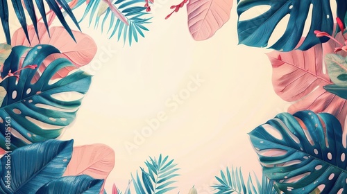 tropical leaves flat design background front view lush jungle theme 3D render Complementary Color Scheme