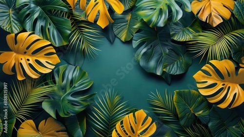 tropical leaves flat design leaves top view tropical foliage theme 3D render Triadic Color Scheme