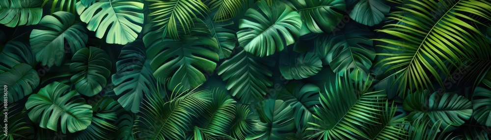 Fototapeta premium tropical leaves flat design background front view lush jungle theme 3D render Complementary Color Scheme