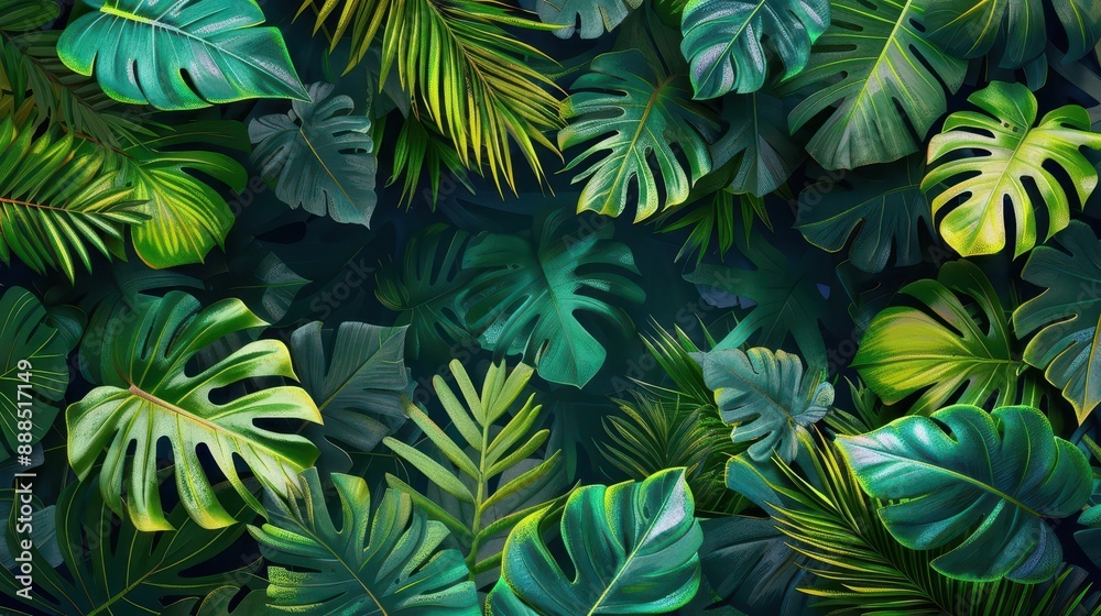 tropical leaves flat design rainforest top view dense canopy theme cartoon drawing colored pastel tropical leaves flat design rainforest top view dense canopy theme cartoon drawing colored pastel