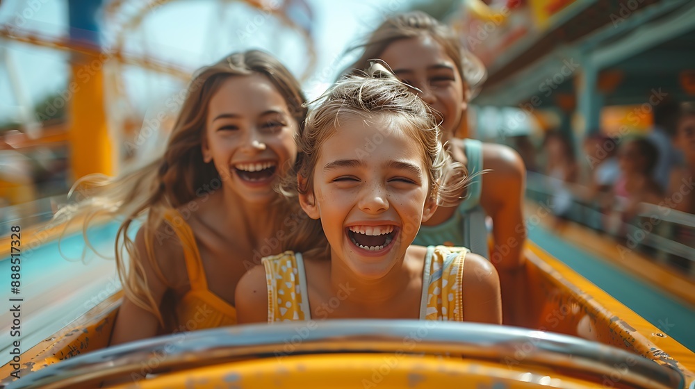  Mother and two children family riding a rollercoaster at an amusement park experiencing excitement, joy, laughter, and fun 