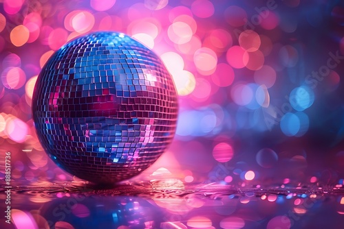  Disco ball sphere with colorful disco lights for party nights , wallpaper background with copy space  © Five Million Stocks