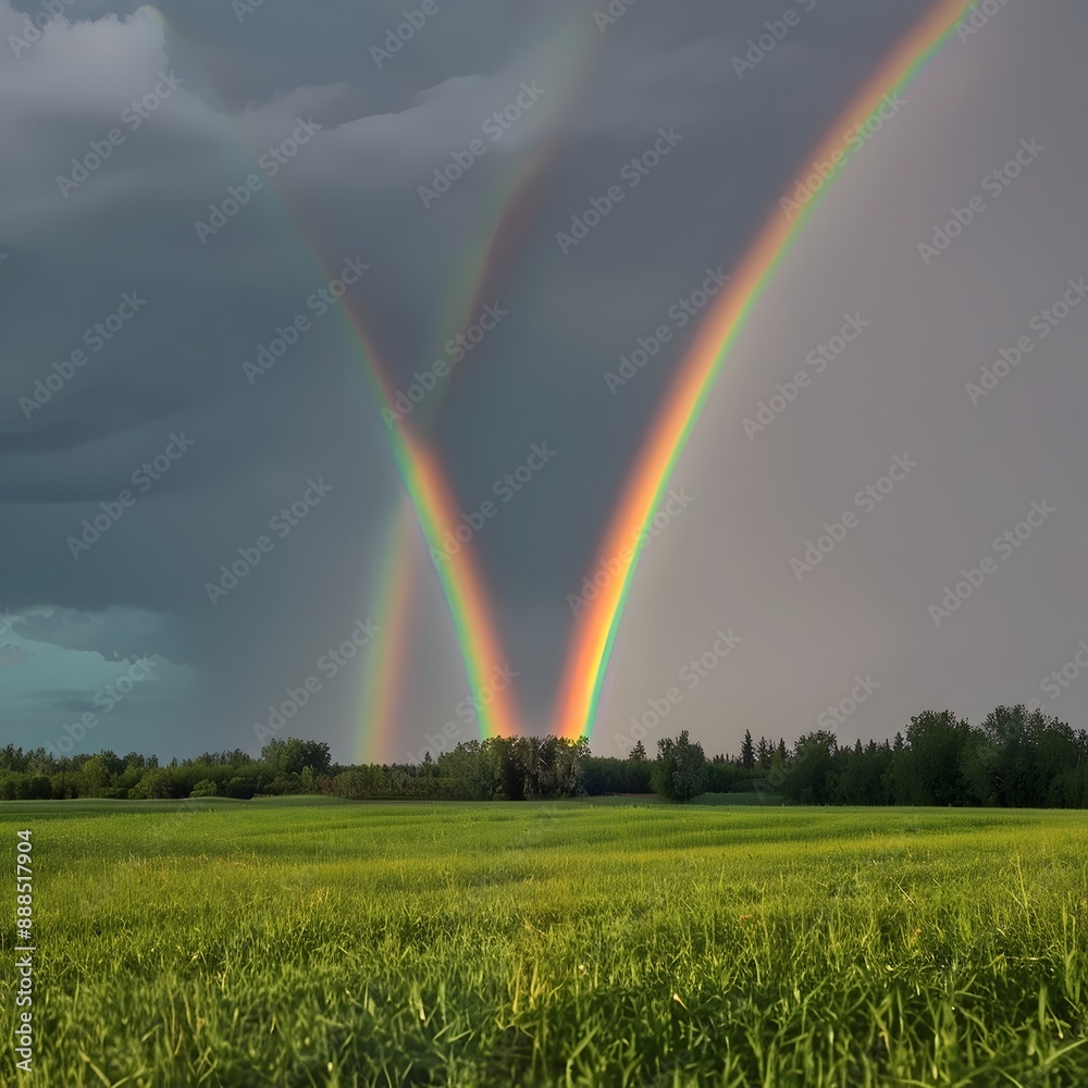 A vivid double rainbow arcs over a lush green field, with a stormy sky in the background, creating a striking contrast between the vibrant rainbows and the dark clouds. A vivid double rainbow arcs over a lush green field, with a stormy sky in the background, creating a striking contrast between the vibrant rainbows and the dark clouds.