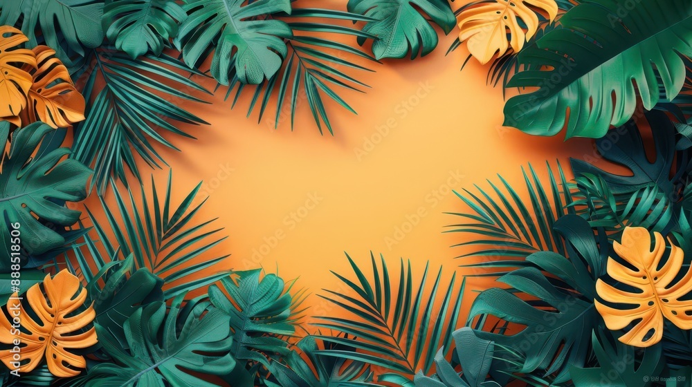 Naklejka premium tropical leaves flat design palm top view summer theme 3D render Triadic Color Scheme