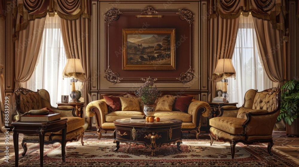 Fototapeta premium Classic architectural interior, formal sitting room, detailed design, realistic background, high resolution, engaging decor