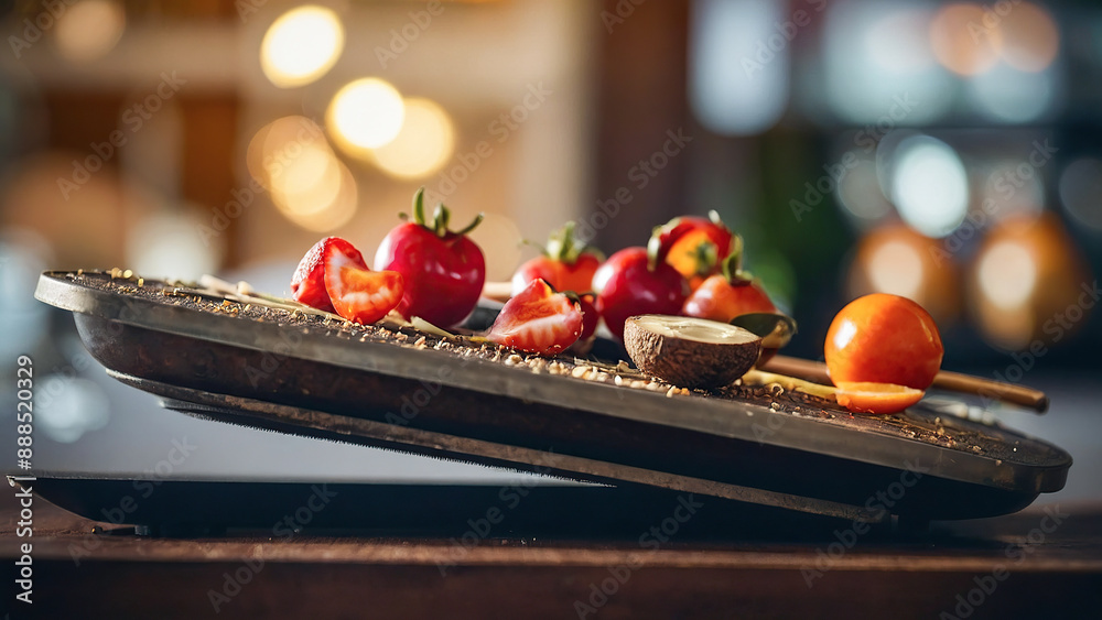 Fresh vegetables, including cherry tomatoes and avocado, arranged on a tray with a blurred background. Fresh vegetables, including cherry tomatoes and avocado, arranged on a tray with a blurred background.