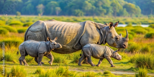 Great Indian Rhinoceros and its calf walking in Kaziranga National Park, wildlife, endangered species, conservation