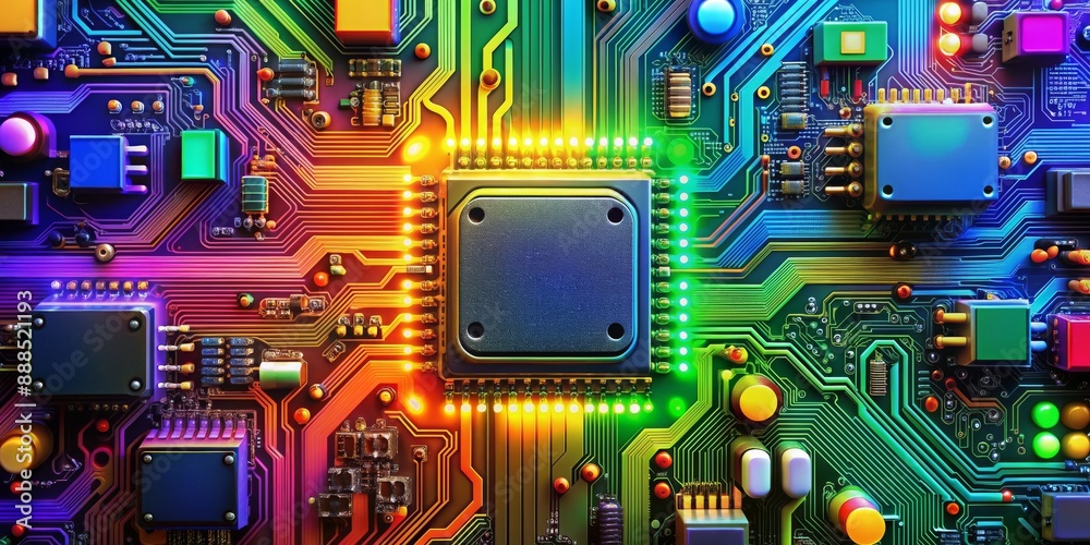 Fototapeta premium Circuit board background with colorful electronic components, technology, digital, motherboard, computer