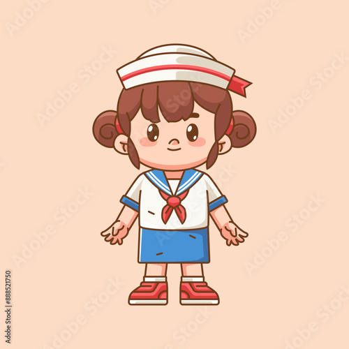 Cute girl wear sailor uniform stand kawaii chibi character mascot illustration outline style design