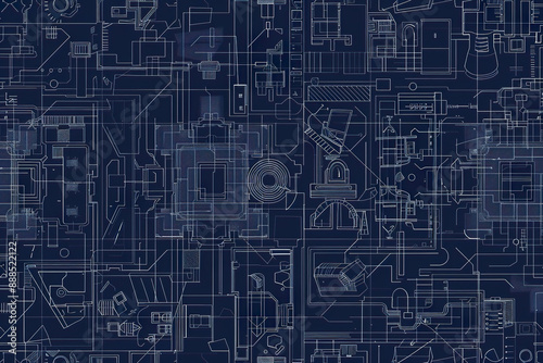 A blue and white drawing of a city with many buildings and lines, generative ai image.