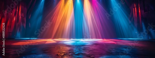  Banner background of an empty stage with colorful spotlights and copy space 