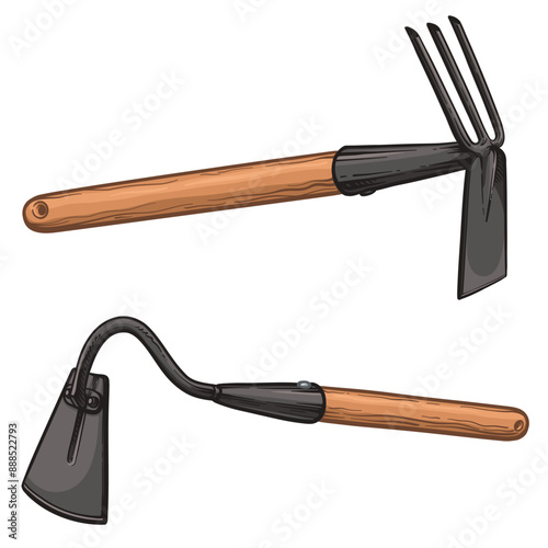Metal hoe with wooden handle. Vector illustration of a hoe on a white background.