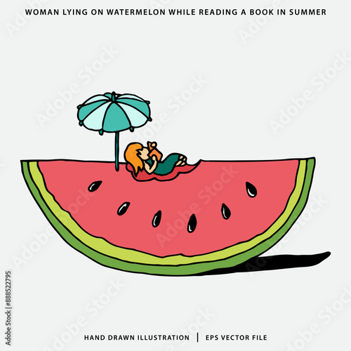 Woman lying on watermelon while reading a book in summer