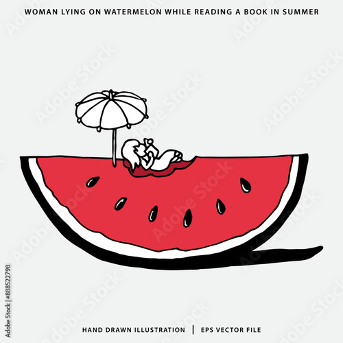 Woman lying on watermelon while reading a book in summer