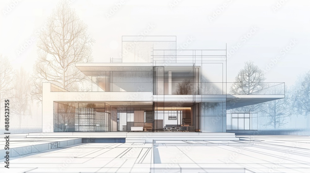 Blueprint of a modern house, detailed and precise lines, minimalist style, neutral background, clean white and blue tones, high resolution Blueprint of a modern house, detailed and precise lines, minimalist style, neutral background, clean white and blue tones, high resolution