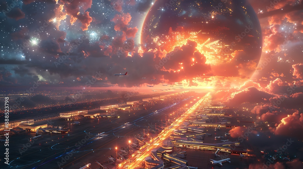 Immersive hyperrealistic photo of otherworldly airport hub night where neon light of bustling terminal bustling spacecraft create mesmerizing spectacle against backdrop of distant star swirling galaxy Immersive hyperrealistic photo of otherworldly airport hub night where neon light of bustling terminal bustling spacecraft create mesmerizing spectacle against backdrop of distant star swirling galaxy