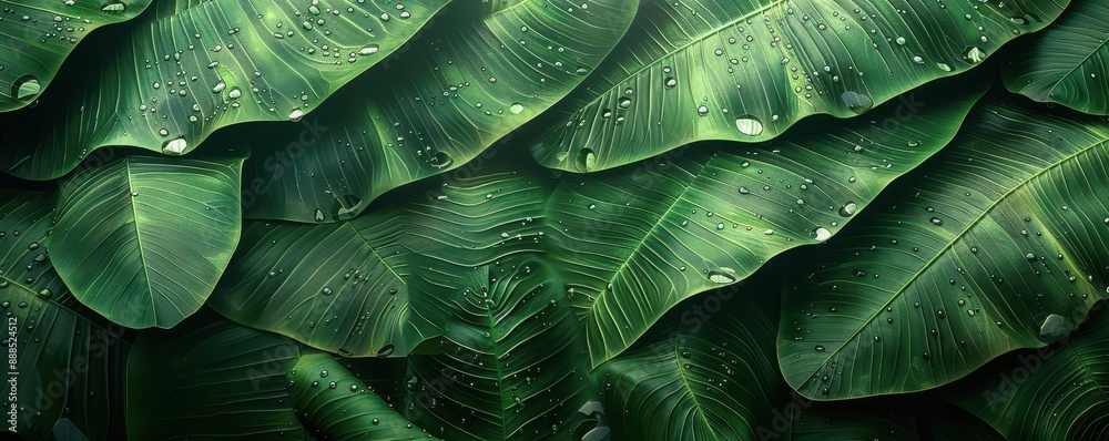 Fototapeta premium Banana leaves with dew drops, closeup, flat design, top view, tropical morning, 3D render, Splitcomplementary color scheme, copy space for text