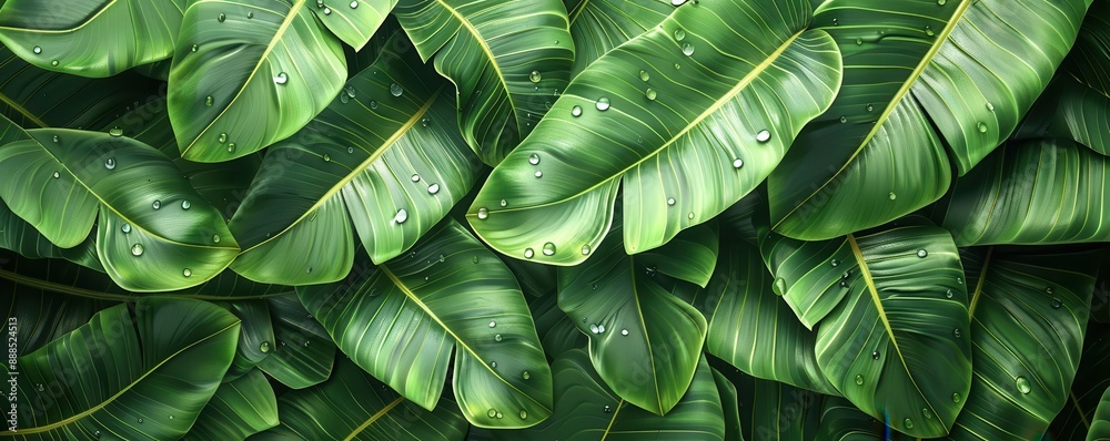 Fototapeta premium Banana leaves with dew drops, closeup, flat design, top view, tropical morning, 3D render, Splitcomplementary color scheme, copy space for text