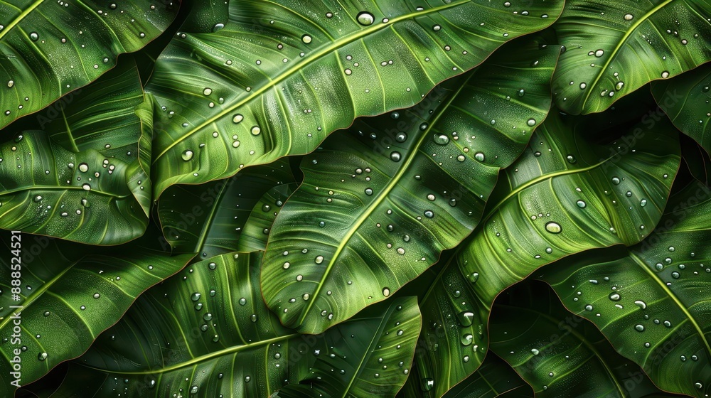 Fototapeta premium Banana leaves with dew drops, closeup, flat design, top view, tropical morning, 3D render, Splitcomplementary color scheme, copy space for text